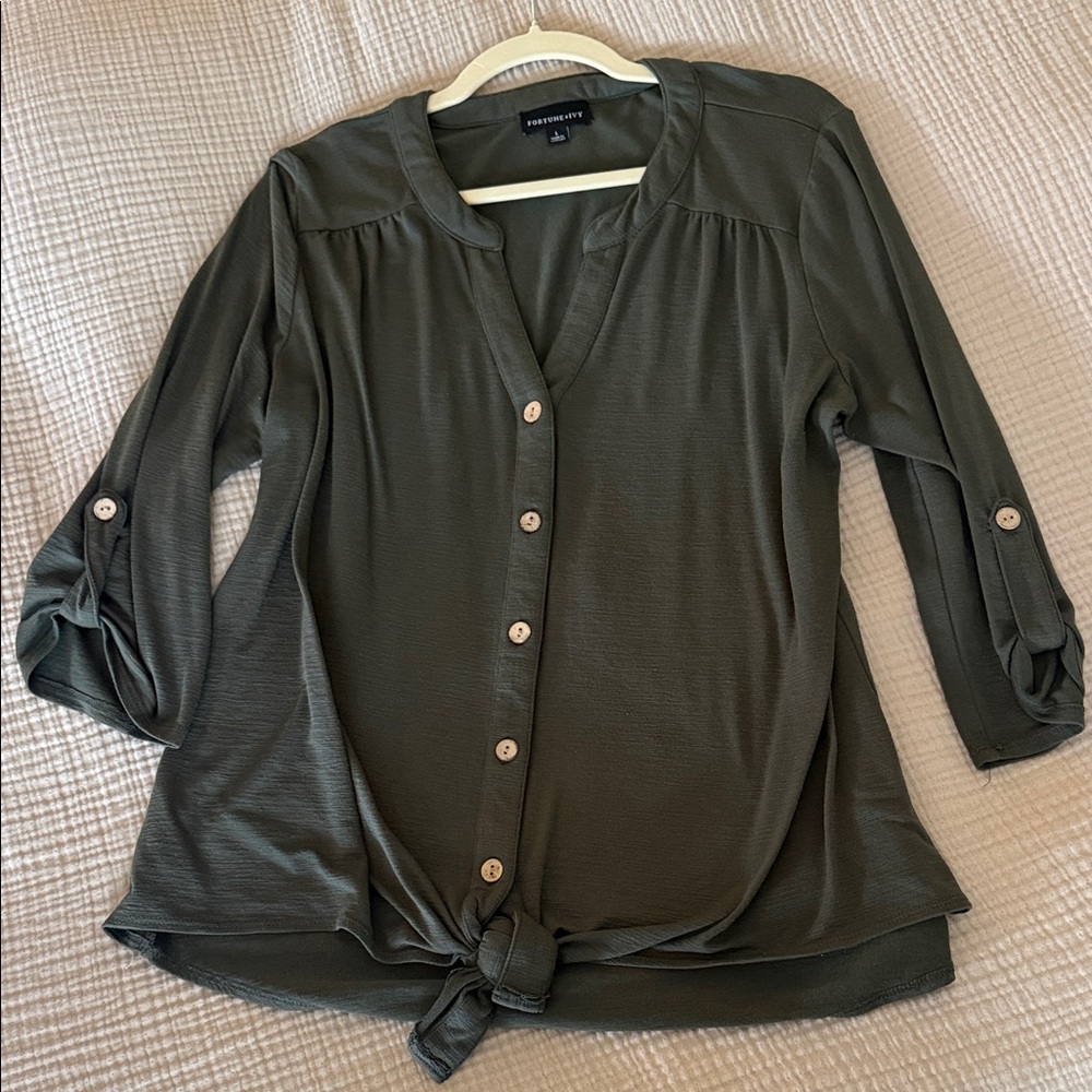 Everyday Tie-Front Button Shirt - Olive Green
